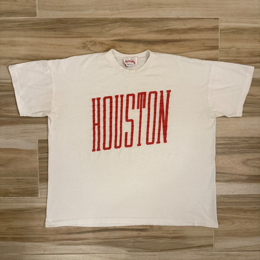 Vintage 90s Nutmeg Mills Houston T Shirt One Size Fits XXL Boxy 26.5x28 White
